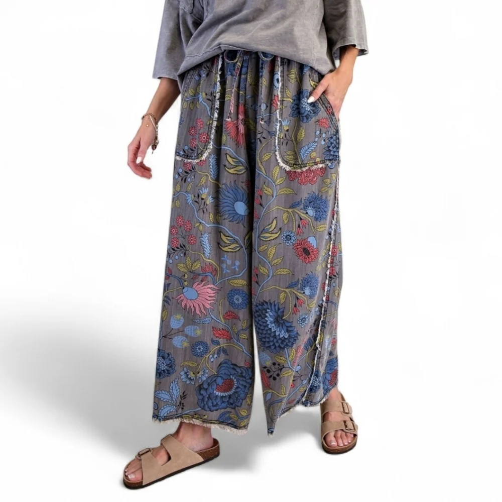 Easel Floral Print Black Denim Chambray Pants